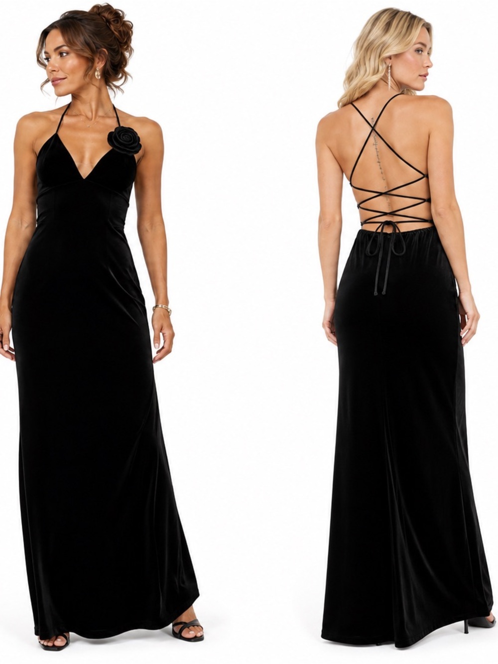 Lulu's Got You Captivated Black Velvet Rosette Lace-Up Back Maxi Dress M NWOT